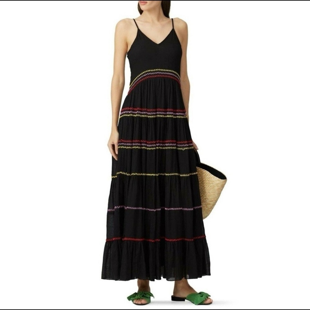 Carolina K Marieta Dize M Black Cotton Lined Embroidered Ruffle Maxi Dress Boho